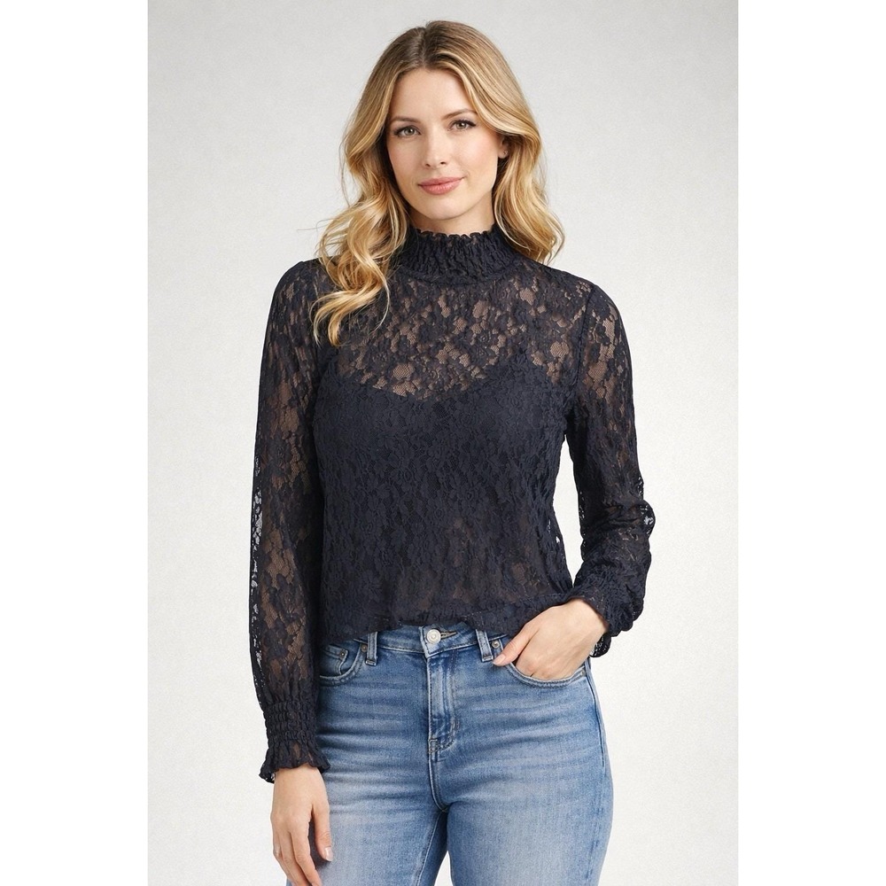 Vtg Jones New York Sport Lace Blouse XL Black Mock Neck Smocked Romantic Western